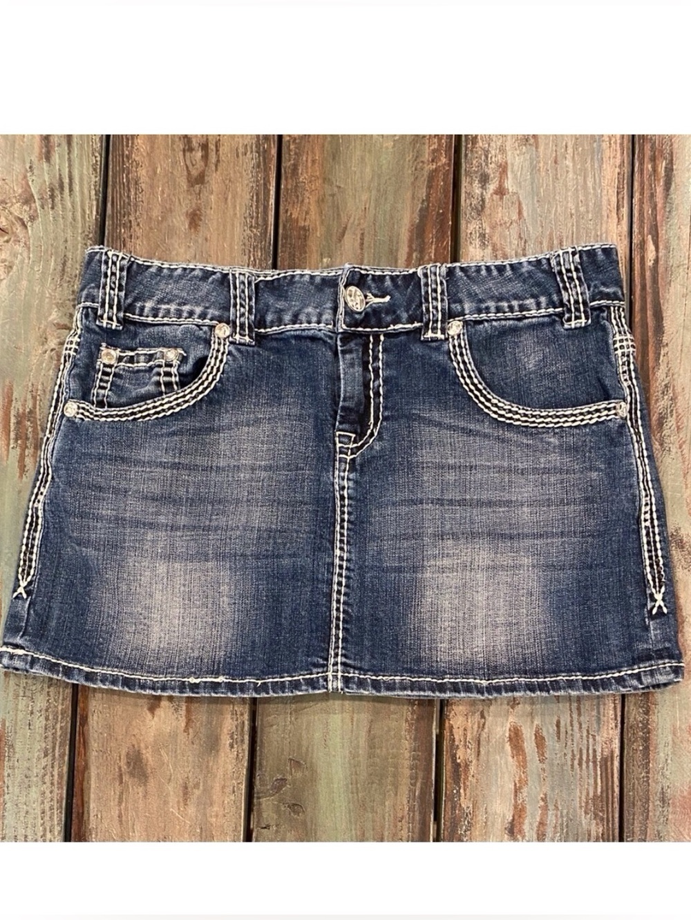 Rock & Roll Cowgirl 30 (11) Denim Mini Skirt Embellished Logo Stretch Low Rise